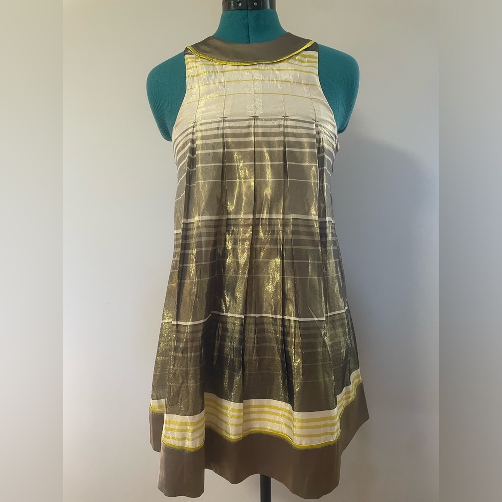 BEBE Silk Shinny Striped Pleated Olive & Yellow Metallic Party Mini Dress